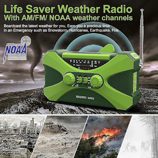 10000mAh Nödradio, Solvevradio, Bärbar AM/FM/NOAA Väderradio med Telefonladdare Ficklampa Green