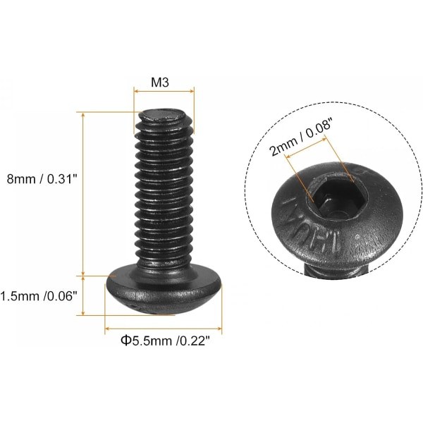 Galaxy 50 st M3x8mm Insexhylsa Knapphuvud Cap Skruvar Legerat stål 3*8mm