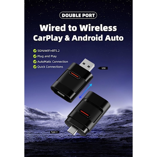 Trådløs CarPlay & Android Auto Adapter 2025 – Nem Plug & Play, Hurtig Tilslutning, Passer til iPhone & Android-yux