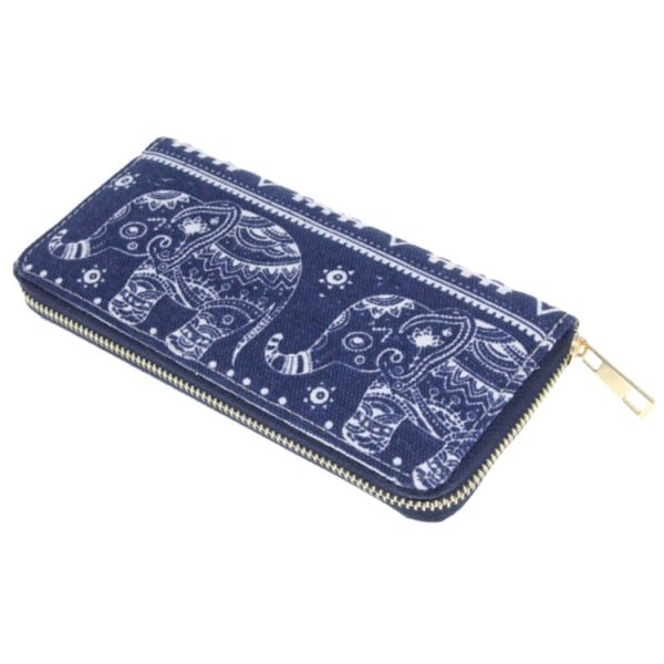 Elefant Cartoon Etnisk Stil Lång Canvas Plånbok Clutch Plånbok Korthållare Marinblå