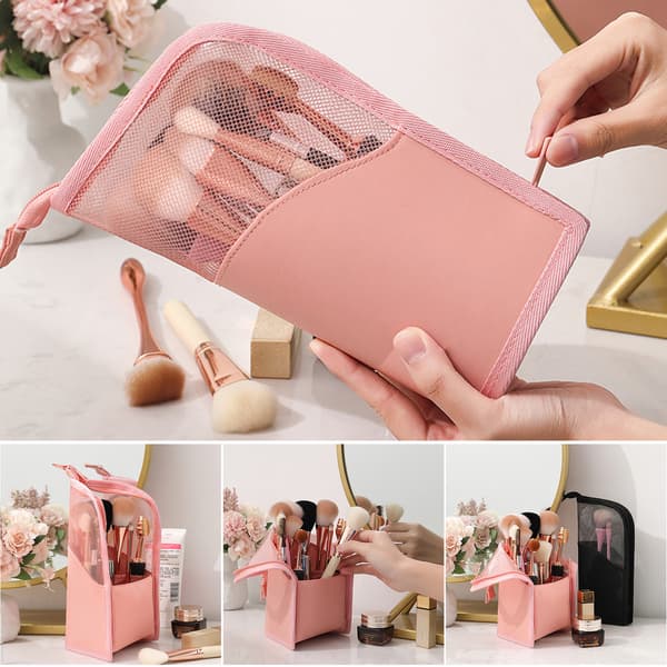 Travel Makeup Brush Bag Portable Makeup Brush Holder Organizer Waterproof Standing Practical Mesh Case Black