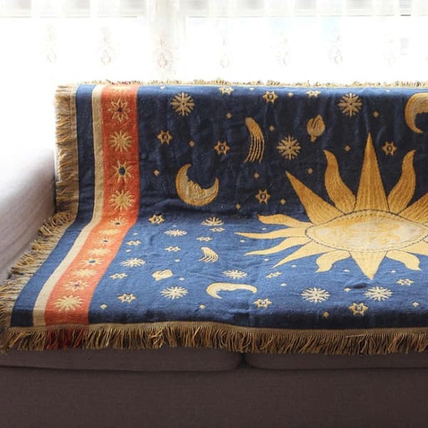 Jacquardvevd pledd Sol Måne Mønster Retro Sofatrekk Sofa Sengepynt Blå 90x150cm Blue 90x150cm