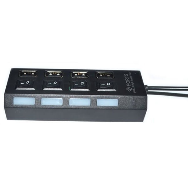 4-ports USB-hub 2.0 High Speed ​​Hub med On/Off-bryter og LED-lampe Svart