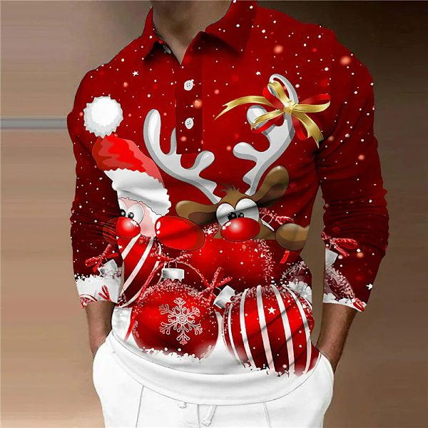 Golftröja för män, golftröja med jultomten, älg och snöflingor XL
