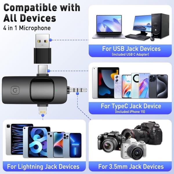 Trådlös mikrofon - 2 stycken - Lavalier-mikrofon - Extra lång batteritid - Lämplig för USB-C & iOS Lightning / Aux - Plug & Play - Slagklämma