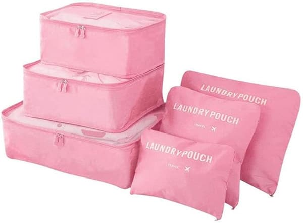 Packkuber 8-delars set reseorganisatör med mesh-topp, vattentäta förvaringsväskor i polyester för kläder, skor och tvätt, rosa