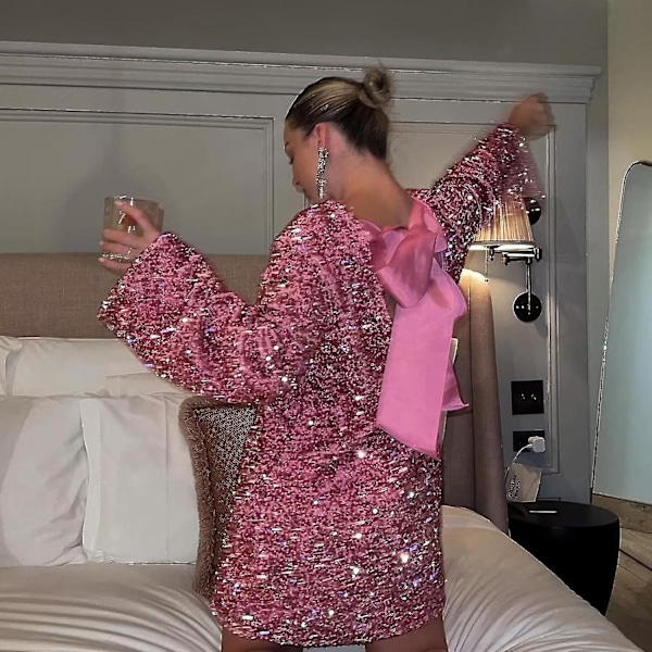 Kvindes Blonder Sequin Kjole Langærmet Natklub Kjole Festival Kjole Skinnende Sequin Bue Kjole Grå Grå Grey L