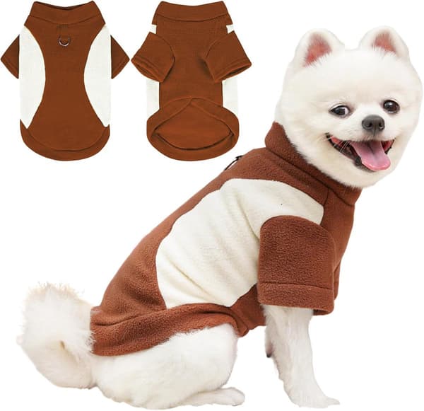 Fleece hundefrakke, blød varm fleece med D-ring på ryggen, let pull-over design til små hunde, vinterture, brun, XXL