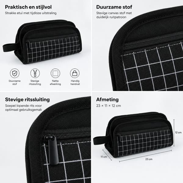 Stort penalhus med glat lynlås, holdbar lærreds-organizer til studerende og kontorbrug, sort ternet mønster
