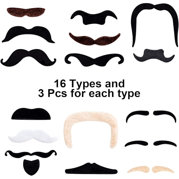 48 Pakk Falske Bartsett, Limte Flerfargede Barter for Fest, Maskerade, Halloween, Forestilling
