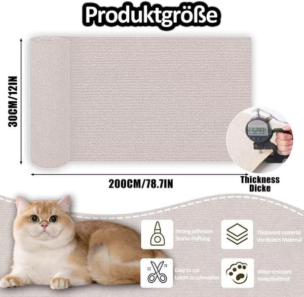 Selvklebende klorestativ-matte for katt 30x200 cm, kuttbar fiberduk-beskyttelse for møbler, vegger og sofahjørner, off-white
