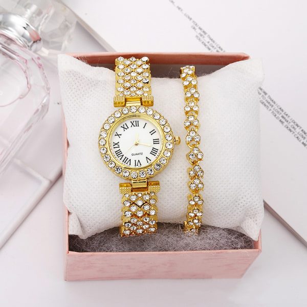 Klocka för kvinnor Stålband Kärleksbälte Strass Kvarts Klocka Mode (guld)