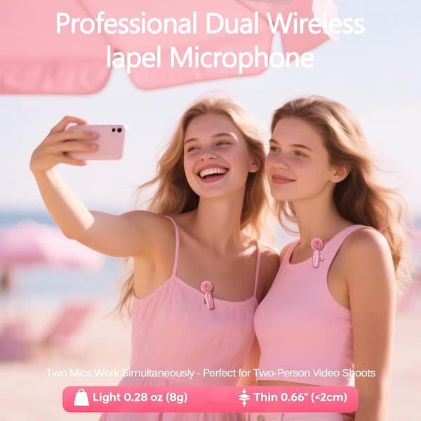 Trådlös myggmikrofon med brusreducering, Plug and Play 2,4 GHz lapelmikrofon för iPhone och Android, för vlogg och intervju, rosa
