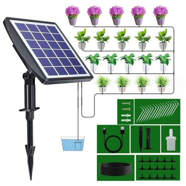 Solcellsdriven Automatisk Vattningssystem, Droppbevattningskit, med Timer för Balkonger, Terrasser, Trädgårdar..DEBUNS