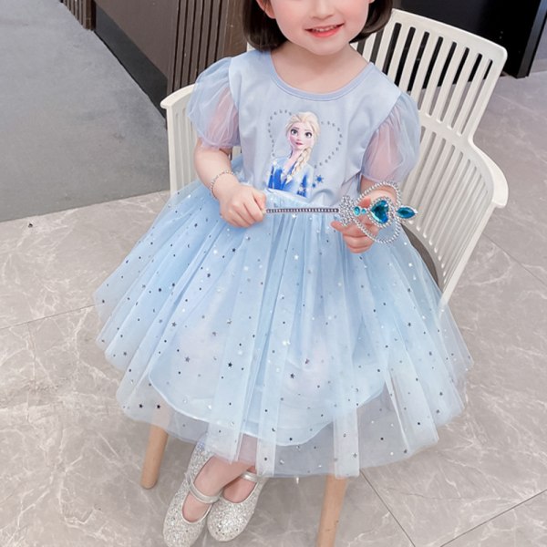 Girl Frozen Elsa Princess Kids Cotton Gaze Födelsedagsfestklänning blå 100cm blue