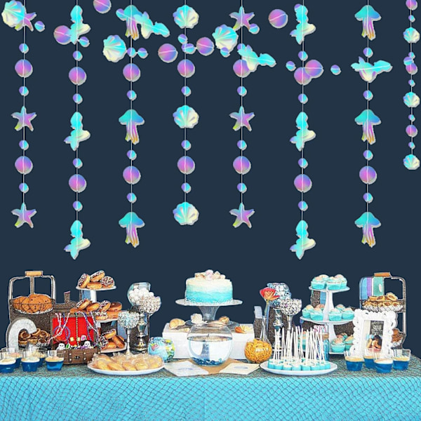 52ft Mermaid Party Decorations, Iridescent Garland with Jellyfish, Seashells & Starfish, for Baby Shower, Sea Theme Party