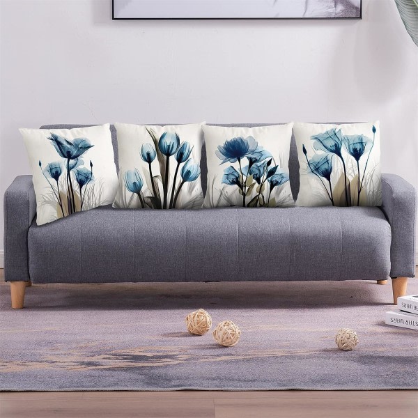 Galaxy Sæt med 4 Blå Blomster Pudebetræk til Stue, Udendørs Sofa Pude (45 x 45 cm)