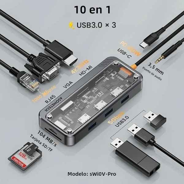 5/6/7/8/11 i 1 USB C Hub med 4K HDMI-adapter og SD/TF-kortleser RJ45 PD Hurtiglading for MacBook Laptop Datamaskin 10 IN 1 pro
