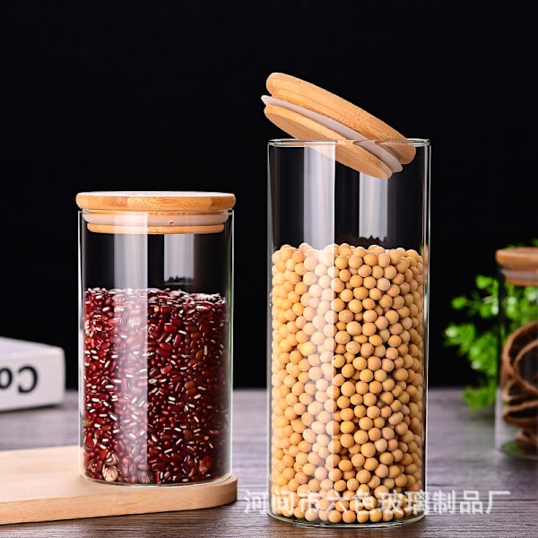 Läpinäkyvä lasinen säilytyspurkki bambukannella, pyöreä suora putki, monen kokoinen keittiön viljalasinen tiivis purkki kotitalouskäyttöön 15*15 bamboo lid 2400ml