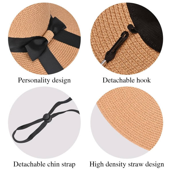 Klassiske sommer-solhatter Pakkbar halmhatt med bred brem med vindsnøre Floppy strandhatter for kvinner UV-beskyttelse