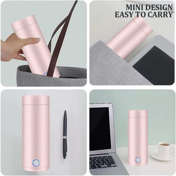 1 x Mini Resekokare, 400 ml Liten Rostfri Vattenkokare, Rosa, 3-i-1 Elektrisk Kopp, Lämplig för Te, Mjölk och Kaffe