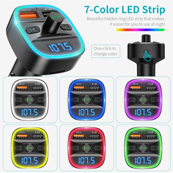 Bluetooth FM-transmitter med 7 LED RGB-farver
