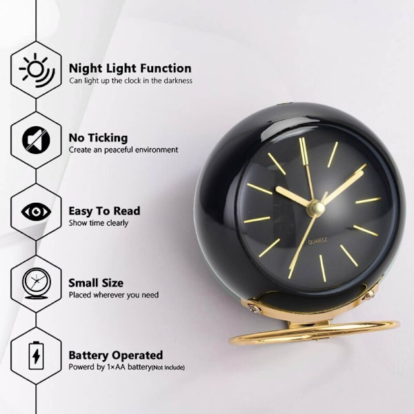 Retro Analog Väckarklocka Utan Tickande med Nattlampa, Tyst, Batteridriven, Lätt att Använda och Högt Alarm