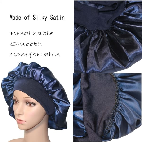 Satin-hårhuv for sovduschmössor Silkekemo-kepsar med brett elastisk bånd Cap for svarta damflätor (marinblå)