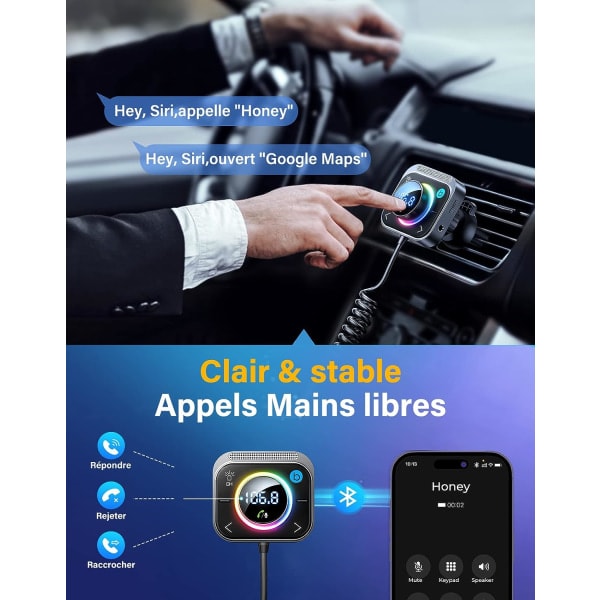 Bluetooth 5.3 FM-sändare, Bluetooth Bilradioadapter [Djup bas & Hi-Fi stereo], 30W PD & Dubbel 18W QC 3.0, Handsfree, Överdimensionerad mikrofon, Stöd för Aux-kabel & TF-kort