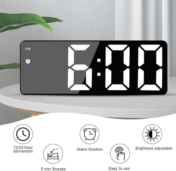 LED Spegel Digital Väckarklocka med Temperatur- och Datumvisning, Automatisk Dimmer, Dubbla Larm, USB-driven, Tyst för Sovrum Kontor