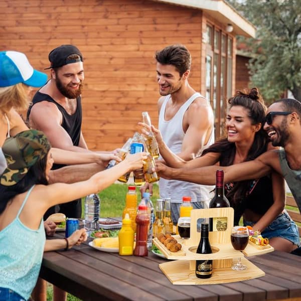 Hopfällbart vinbord i trä för picknick med flask- och glashållare, bärbar bricka för camping, strand och utomhusbruk, träfärgad