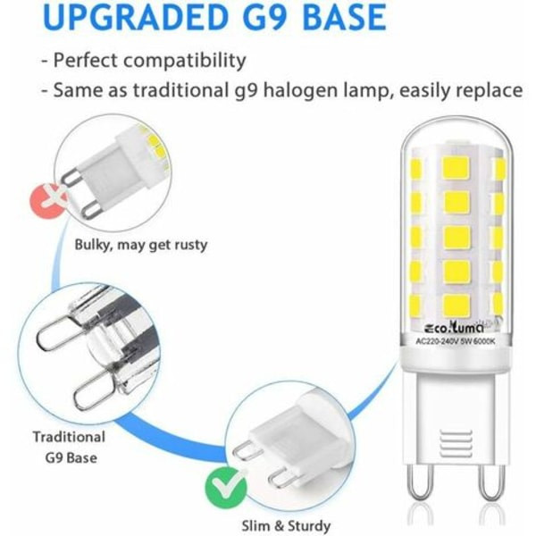 G9 LED-lampa - 5W motsvarande 3,2W -3,4W G9 halogen, 420LM, minilampa, kallvit 6000K, flimmerfri, AC100-265V, ICKE-dimmbar, 5-pack