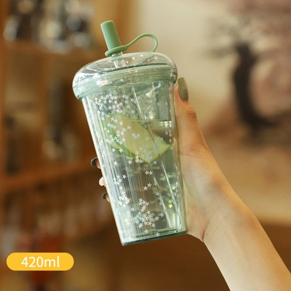 420 ml Återanvändbar glittrande glitterkopp med lock, sugrör, transparenta paljetter, vattenflaska, söt tvålagers plastkopp, ljusgrå