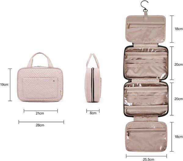 Hängande necessär för kvinnor, rymlig sminkväska med 4 fack och flaskremmar, rosa medium