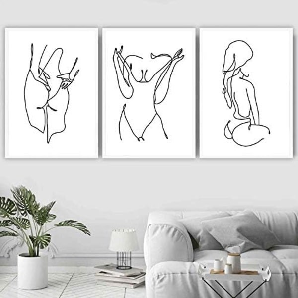 Linjataiteen painatukset Muoti Naiset Taidepainatussetti 3 mustavalkoista painatusta Stick Figure Painatus Lahja Naisille Canvas Rose Painatukset Seinäkuva