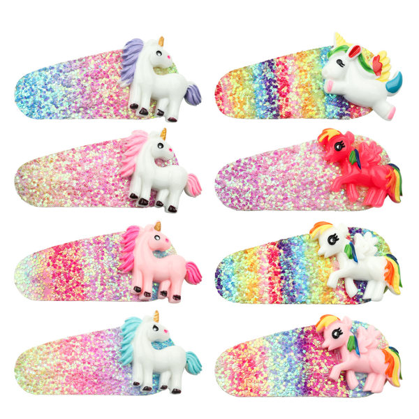 8 stk Unicorn Hårklipp med Glitter Snap Clips Regnbue Barrettes