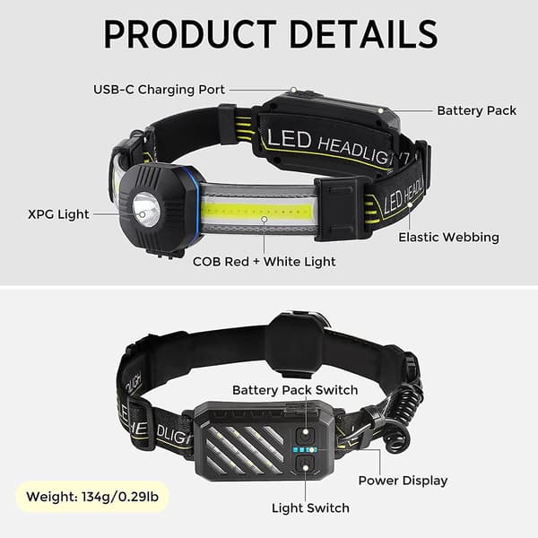 Hodelykt, Ladbar LED Løpelykt, 1500 Lumen, 10 Moduser, 7 Lys
