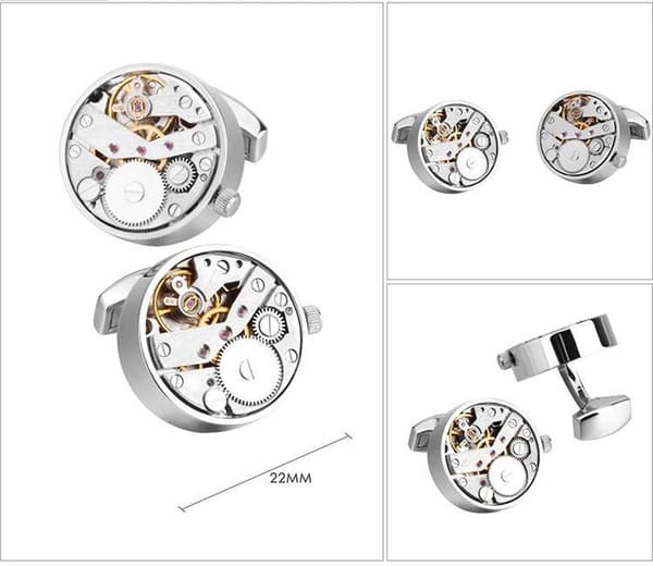 BUGOLINI Tourbillon Mekaniske Manchetknapper til Mænd, Runde Manchetknapper i Rustfrit Stål med Roterende Tandhjul, Gave til Forretning og Bryllup, Sølv