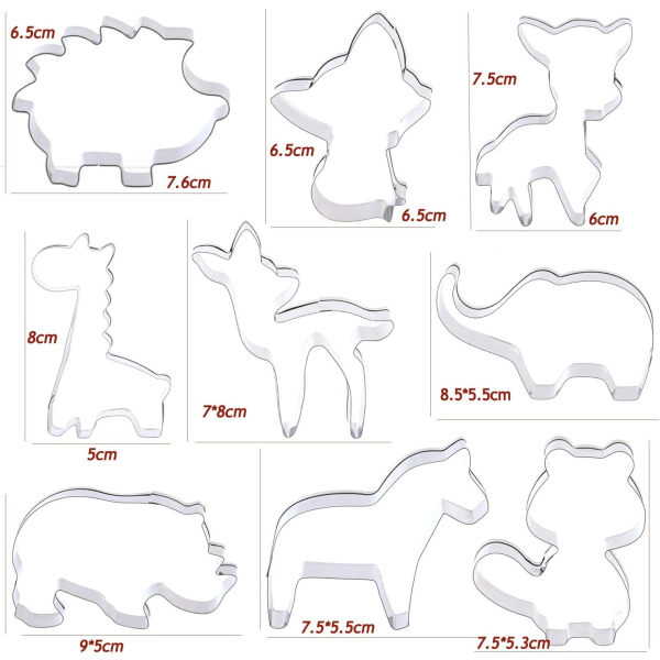 Galaxy Set med 9 Djurkakautstickare för Bakning - Älg, Räv, Sikahjort, Igelkott, Giraff, Elefant, Noshörning