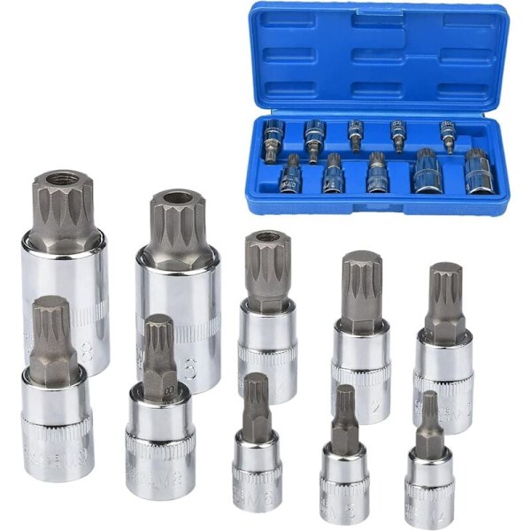 10 stk. M4 - M18 Torx Spline Bit Socket Sett - Trippel Firkant Socket Sett med Oppbevaringskoffert