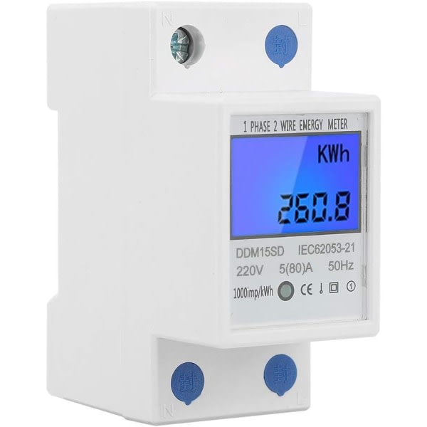 Elektrisk LCD enfas energimätare, DDM15SD Liten 35 mm Din Rail Typ 17000W Hemmätare Kwh Kilowatt Timmar Bakgrundsbelysning