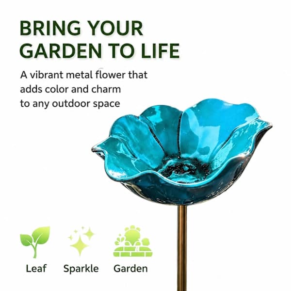 Fuglebad i metal med blomsterdesign, håndlavet insektfoderautomat i rustfrit stål til have, terrasse, udendørs, blå blue