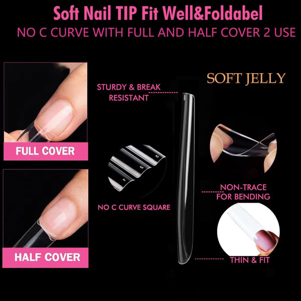 TG Fake Nail Tips, Long Faux Nails, Clear ABS No Crease Fake Nail square