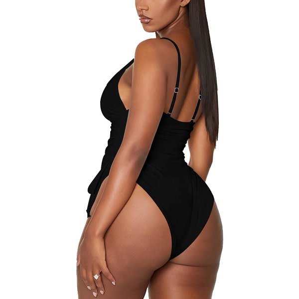 Kvinnors Ruched Högutskuren En-delad Baddräkt Magkontroll Monokini Bikini Svart M