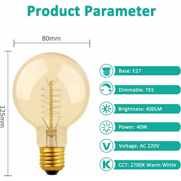 Vintage G80 E27 Dæmpbar 40W Varm Hvid 2700K Pære, AC 220V, Retro Glødepærer E27 Spiral Wolfram Filament Lampe, Pakke med 2