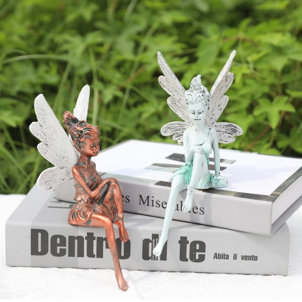 Sittande Fairy Staty med Wing Resin Ornament Tr?dg?rd Blomma Elf Skulptur Dekor Brons