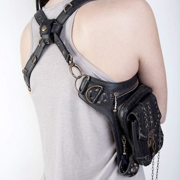 Steampunkväska, midjeväska/axelväska/ vintage läderaxelväska/benväska Gotisk unisex, svart