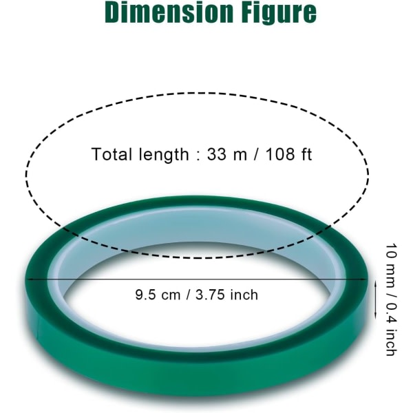 Galaxy 2 rullaa korkean lämpötilan teippiä, 10 mm x 33 m (108 jalkaa) Lämpöteippi painetulle pinnoituspulverille (vihreä)