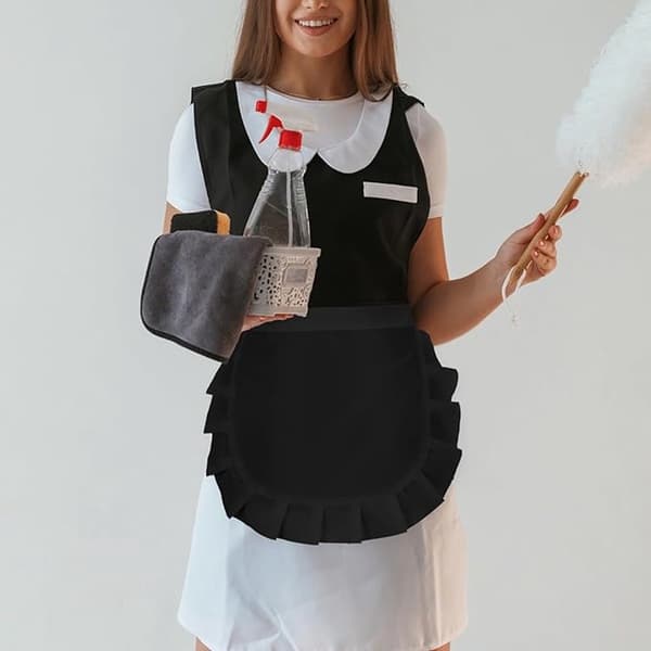 Stuepige forklæde 2-pak flæse taljeforklæde til kvinder og piger, justerbart polyester halvforklæde til cosplay, madlavning, bagning, fest, sort og hvid