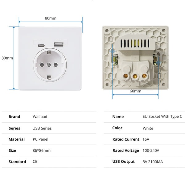 EU-standard 16A Vegglader Adapteruttak USB Type A Type C Strøm Schuko Stikkontakt